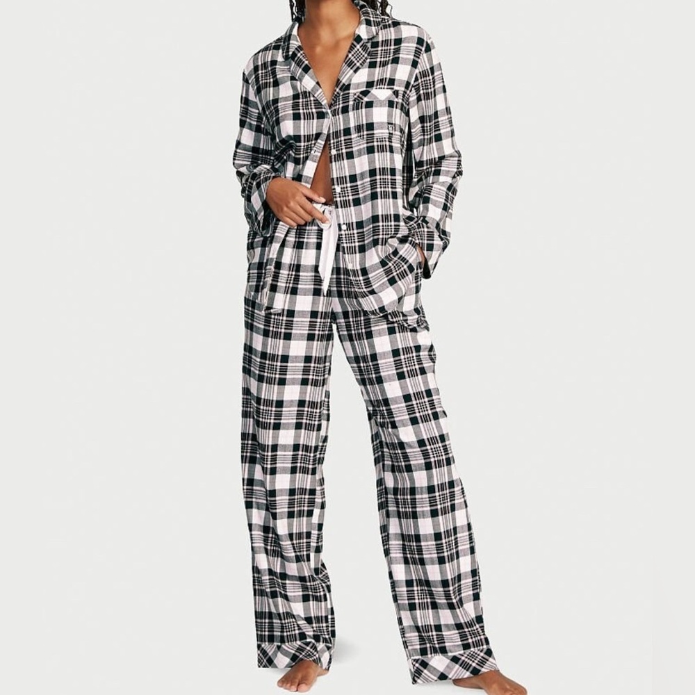 Victoria's Secret Black Plaid Pajama Button Up Top Long Pants Women's Large EUC